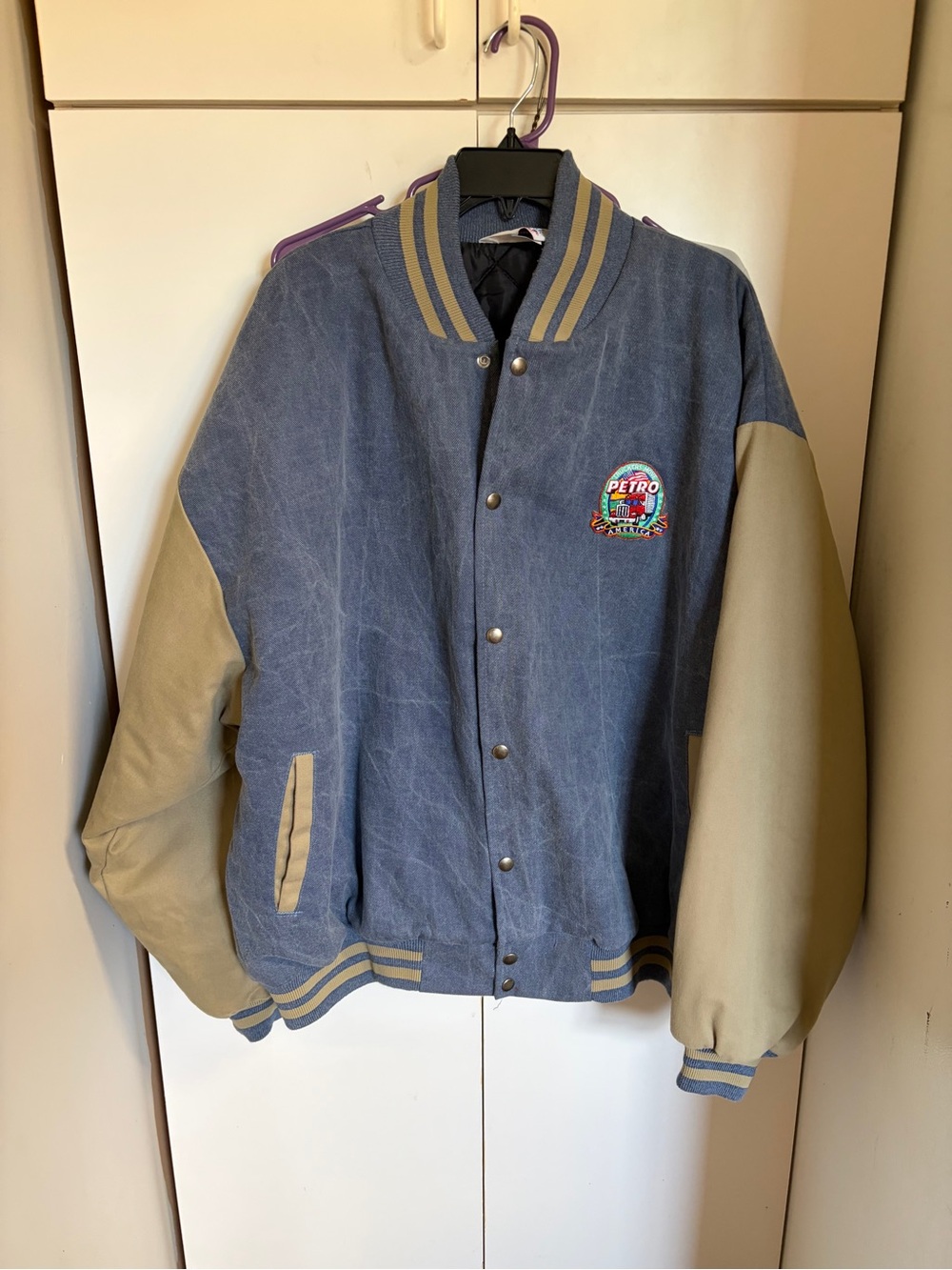 Blue and Tan Varsity Bomber Jacket with Embroidered Crest